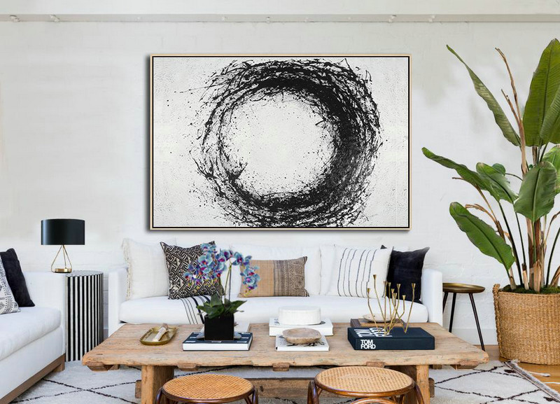 Artwork For Sale,Oversized Horizontal Minimalist Drip Painting On Canvas, Black And White - Textured Painting Canvas Art
